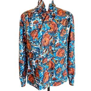 Vintage Pykettes Tie Neck Blouse L 14 Bow Floral Burnt Orange Blue‎ 70s 80s Boho